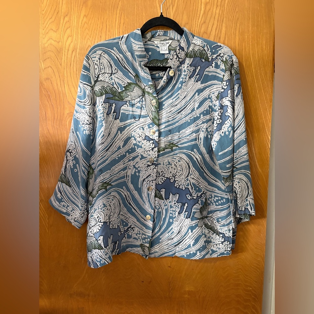 Citron Blue Wave Butterfly Pattern Button-Up Shir… - image 1